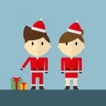 Man And Woman As Santa Claus With Christmas Gift Flat Design Stock Photo