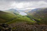 Valley With A Lake And Hills Stock Photo