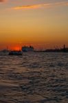 Venice Italy Sunset With Cruise Boat Stock Photo