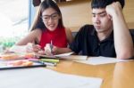 Young Couple Doing Coursework At The Table Stock Photo