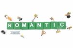 Miniature Worker Team Building Word Romantic On White Background Stock Photo