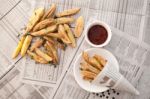 Fries French Ketchup Herb Still Life Stock Photo