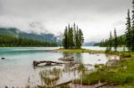 Maligne Lake On A Cloudy Day Stock Photo