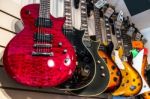 Electric Guitars On Display In A Music Shop Stock Photo