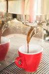 Fresh Brewing Hot Coffee From Espresso Machine With Vintage Filt Stock Photo