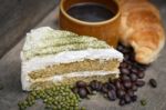 Green Tea Cake And Coffee Stock Photo