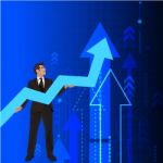 Young Businessman Holding Arrow Going Up. Successful Businessman With Growth Graph Stock Photo