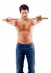 Young Man With No Shirt Battle Pose Stock Photo