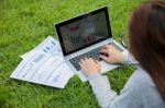 Woman Checking Reported Profits Stock Photo