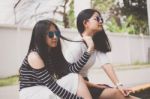 Two Asia Thai Teen Best Friends Girls Smile And Funny Stock Photo