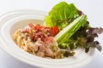 Carbonara Pasta In Ceramic Dish Stock Photo