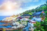 Haedong Yonggungsa Temple And Haeundae Sea In Busan, South Korea Stock Photo