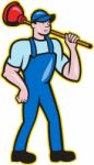 Plumber Holding Plunger Standing Cartoon Stock Photo