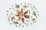 Garlic With Herb Isolated On White Background Stock Photo