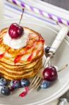 Stack Of Pancakes With Fresh Berries Stock Photo