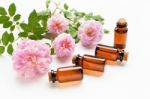 Bottles Of Essential Rose Oil For Aromatherapy Stock Photo