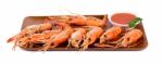 Shrimps With Mint Leaves On The Wooden Board Stock Photo