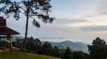 Tourists Are Standing Views Of High Mountains And Haze Stock Photo