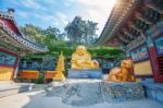 Haedong Yonggungsa Temple And Haeundae Sea In Busan, South Korea Stock Photo