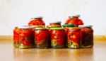 Some Glass Jars With Marinated Tomatoes Homemade Stock Photo