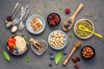 Ingredients For The Healthy Foods Background Mixed Nuts, Honey, Stock Photo