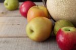 Colors Of Apples On Wooden Stock Photo