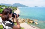 Woman Photography At Lamai Beach Stock Photo