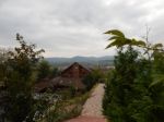 Mountain Panorama, Landscape And Buildings Stock Photo