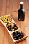 Variety Of Green, Black And Mixed Marinated Olives Stock Photo