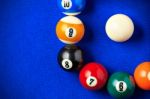 Billiard Balls In A Blue Pool Table Stock Photo