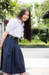 Portrait Of Thai High School Student Uniform Teen Beautiful Girl Happy And Relax, Stock Photo