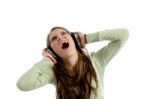 Shouting Lady Listening Music Stock Photo