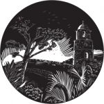 Belfry Tower On Hill Trees Circle Woodcut Stock Photo