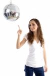 Beautiful Female Pointing At Mirror Ball Stock Photo