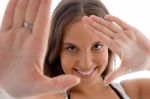 Cheerful Model Showing Her Palms Stock Photo