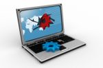 Gear Cogs Flying Out Of Laptop Screen Stock Photo