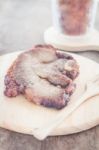 Pork Steak On Wooden Plate Stock Photo