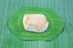 Sticky Rice With Steamed Custard On Banana Leaves, Sweet Sticky Rice, Thai Sweet Dessert, Original Thai Food Stock Photo