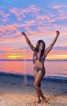 Beautiful Black African American Woman Posing On The Beach At Su Stock Photo