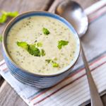 Bowl Of Broccoli And Cheddar Cheese Soup Stock Photo