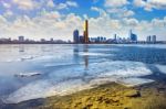 Ice Of Han River And Cityscape In Winter,sunset In Seoul, South Korea Stock Photo