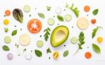 Food Pattern With Raw Ingredients Of Salad. Various Vegetables L Stock Photo