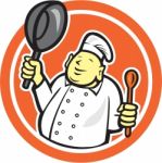 Fat Buddha Chef Cook Holding Pan Circle Cartoon Stock Photo