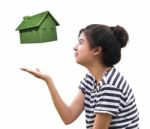 Woman Holding Eco House,sustainable Concept Stock Photo