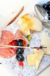 Mix Cold Cut On A Stone With Fresh Pears Stock Photo