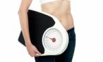 Woman Holding Weighing Scale Stock Photo