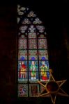 Stained Glass Window In St Vitus Cathedral In Prague Stock Photo