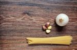 Ingredients For Spaghetti Bolognese On Wooden Background Stock Photo