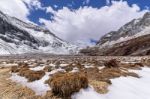 Meadow Brown On The Snow Mountain With Clouds And Blue Sky Stock Photo