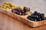 Variety Of Green, Black And Mixed Marinated Olives Stock Photo